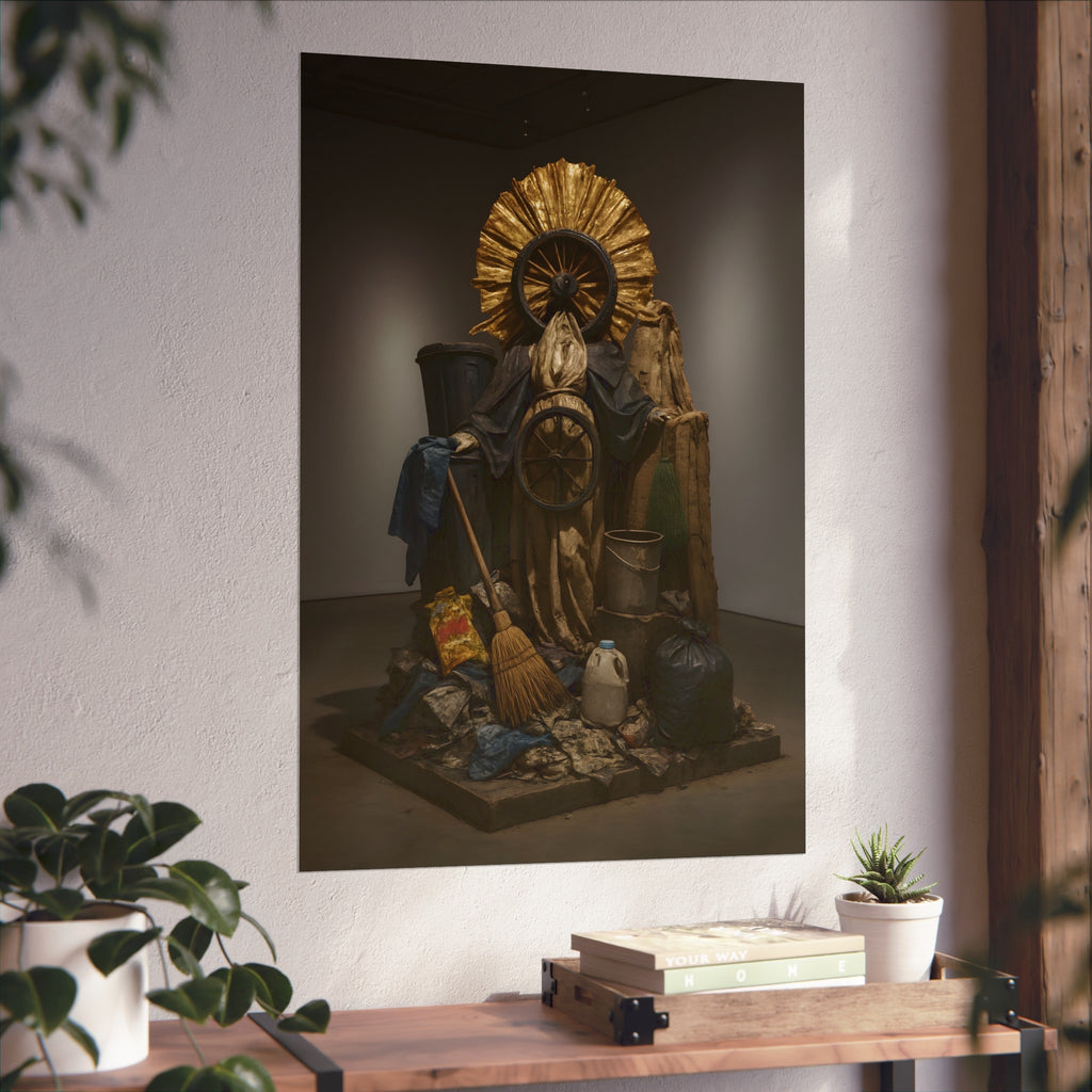 A draped figure with cart wheels above heaped trash. The Martyrdom of Saint Catherine of the Cartwheel by Garabaggio, fine art print hanging in a room.