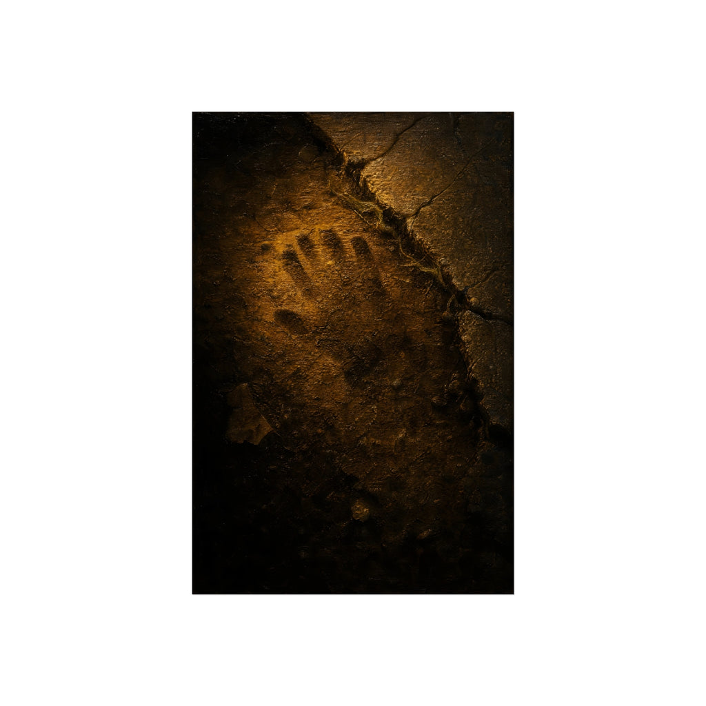 A glove shaped imprint left in cracked asphalt under warm light. The Assumption, or: What Remains by Garabaggio, fine art print hanging in a room.