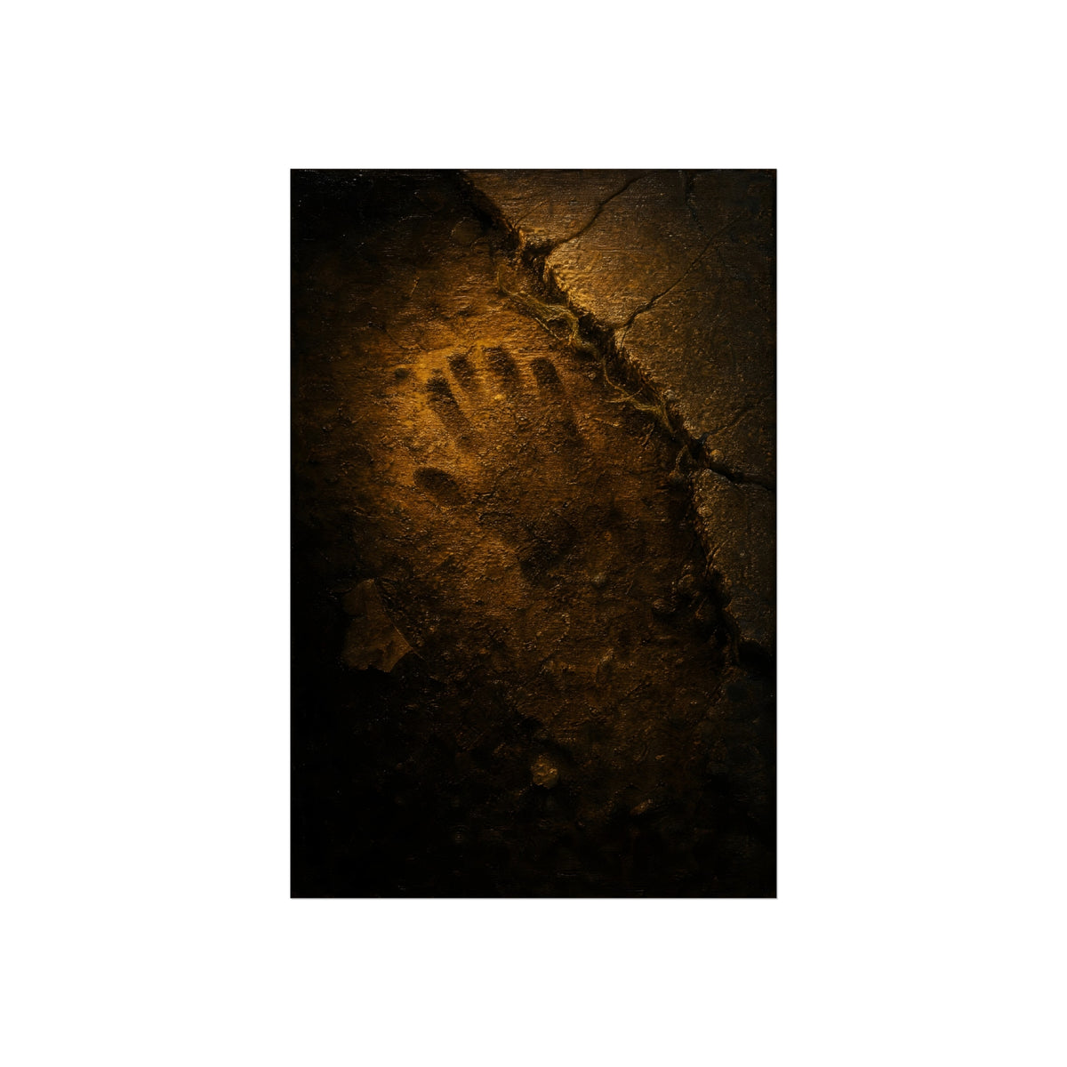 A glove shaped imprint left in cracked asphalt under warm light. The Assumption, or: What Remains by Garabaggio, fine art print hanging in a room.