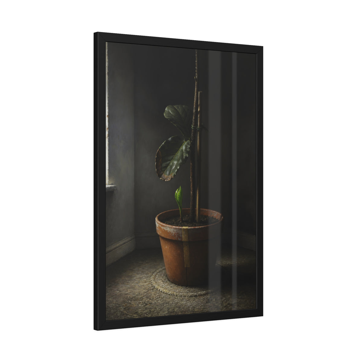 A potted plant down to two curled leaves and one new sprout by a window. The Corner by the Window Again by Garabaggio, framed fine art print hanging in a room.