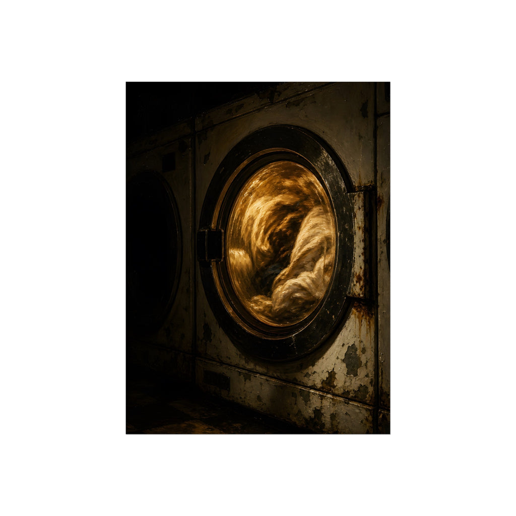 A washer drum tumbling laundry lit amber behind its glass door. The First Spin by Garabaggio, fine art print, 12″ x 16″.