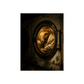 A washer drum tumbling laundry lit amber behind its glass door. The First Spin by Garabaggio, fine art print, 12″ x 16″.