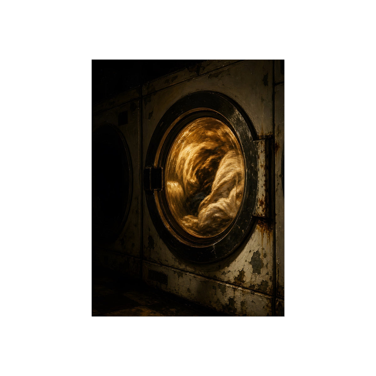A washer drum tumbling laundry lit amber behind its glass door. The First Spin by Garabaggio, fine art print, 12″ x 16″.