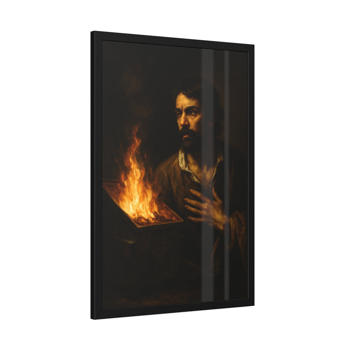 Man with a hand flat on his chest looking toward a low burning bin. Self-Portrait with Oath by Garabaggio, framed fine art print hanging in a room.