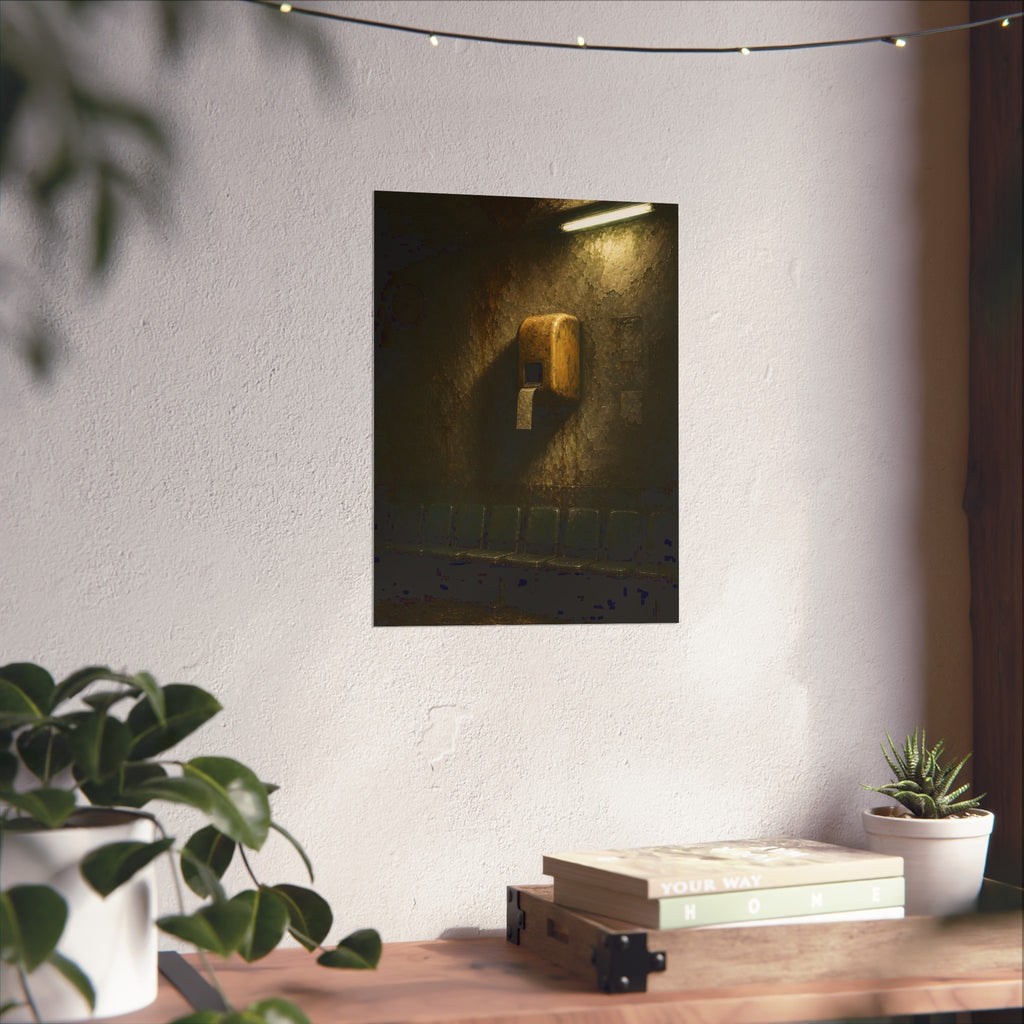 Yellow ticket dispenser on a stained wall above empty seats. Before the First Name by Garabaggio, fine art print hanging in a room.