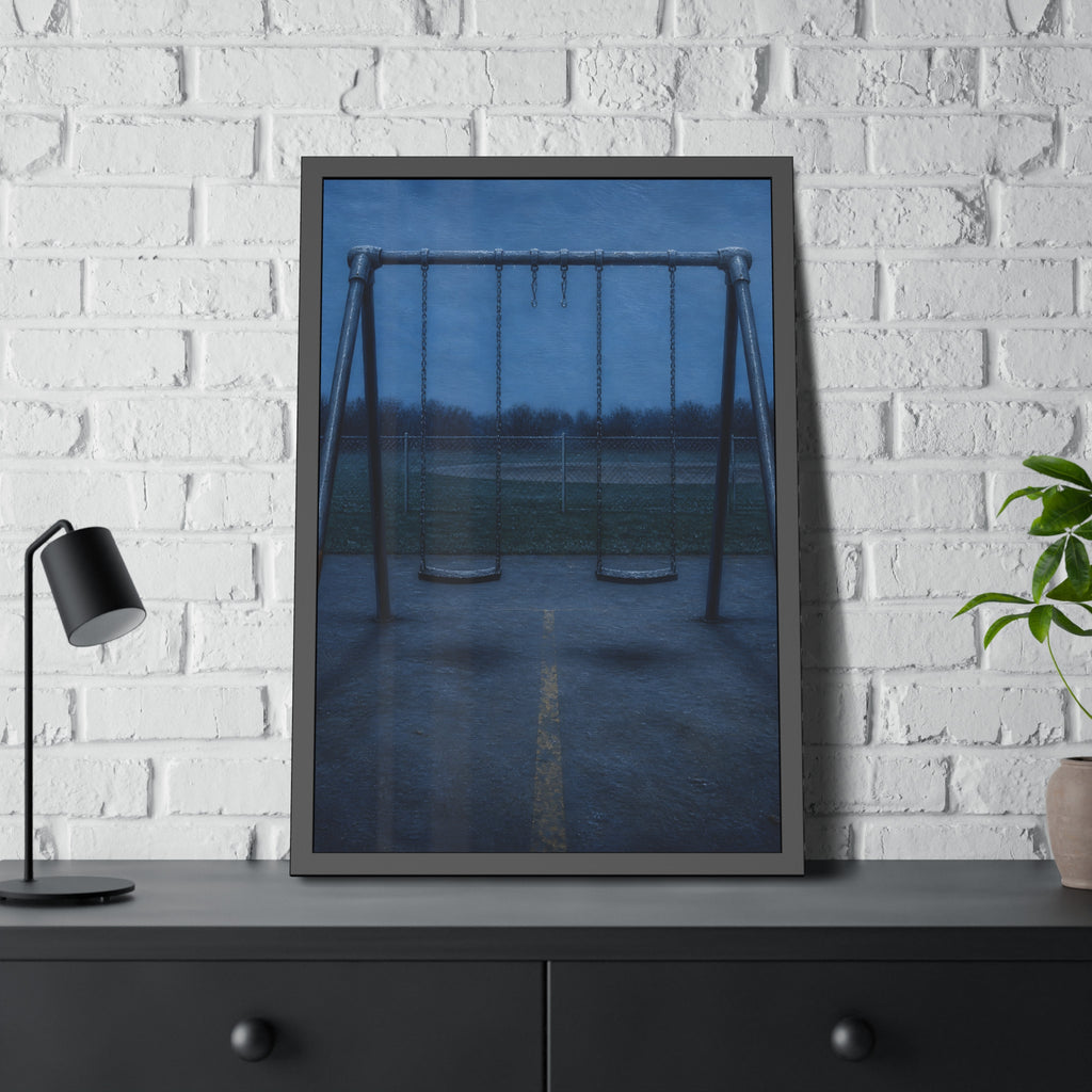 A swing set at dusk with two seats hanging straight. The Sixth Hour: The Seat Hanging Straight by Garabaggio, framed fine art print hanging in a room.
