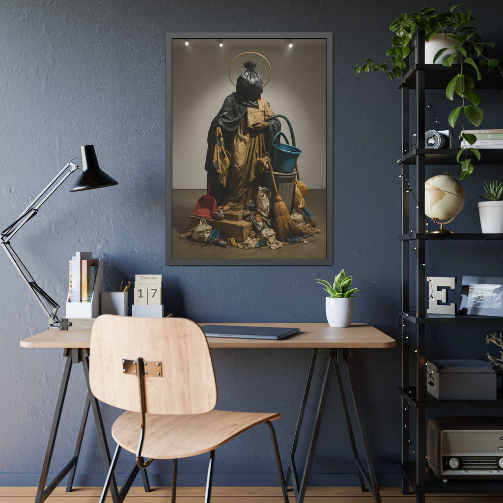 A robed figure with a garbage bag head and gold halo holding a broom. The Custodian Enthroned by Garabaggio, framed fine art print hanging in a room.