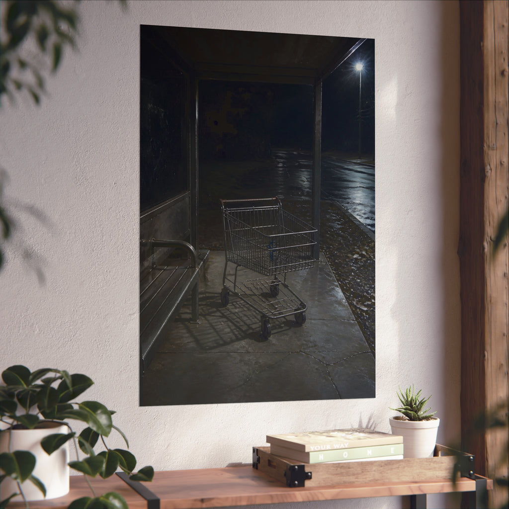 A shopping cart parked inside a bus shelter under a street lamp at night. The Rest at the Bus Shelter by Garabaggio, fine art print hanging in a room.
