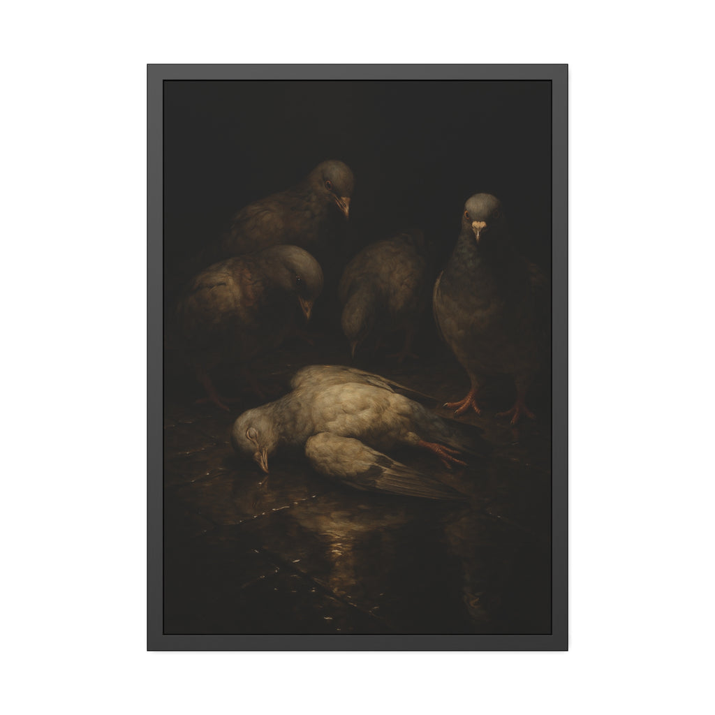 Four pigeons standing over a dead pigeon on wet pavement. The Lamentation by Garabaggio, framed fine art print hanging in a room.