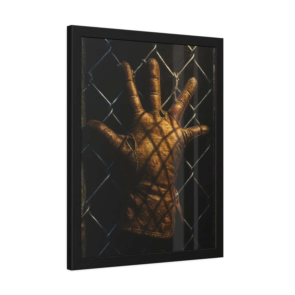 A leather work glove splayed palm out against chain-link wire. The Crucifixion on Chain-Link (Framed) by Garabaggio, framed fine art print hanging in a room.