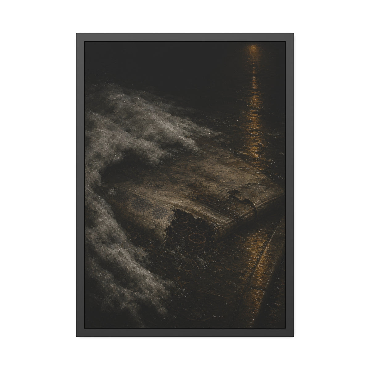 A soaked mattress in melting snow at the curb beside a wet street. The Thaw by Garabaggio, framed fine art print, 28″ x 40″.