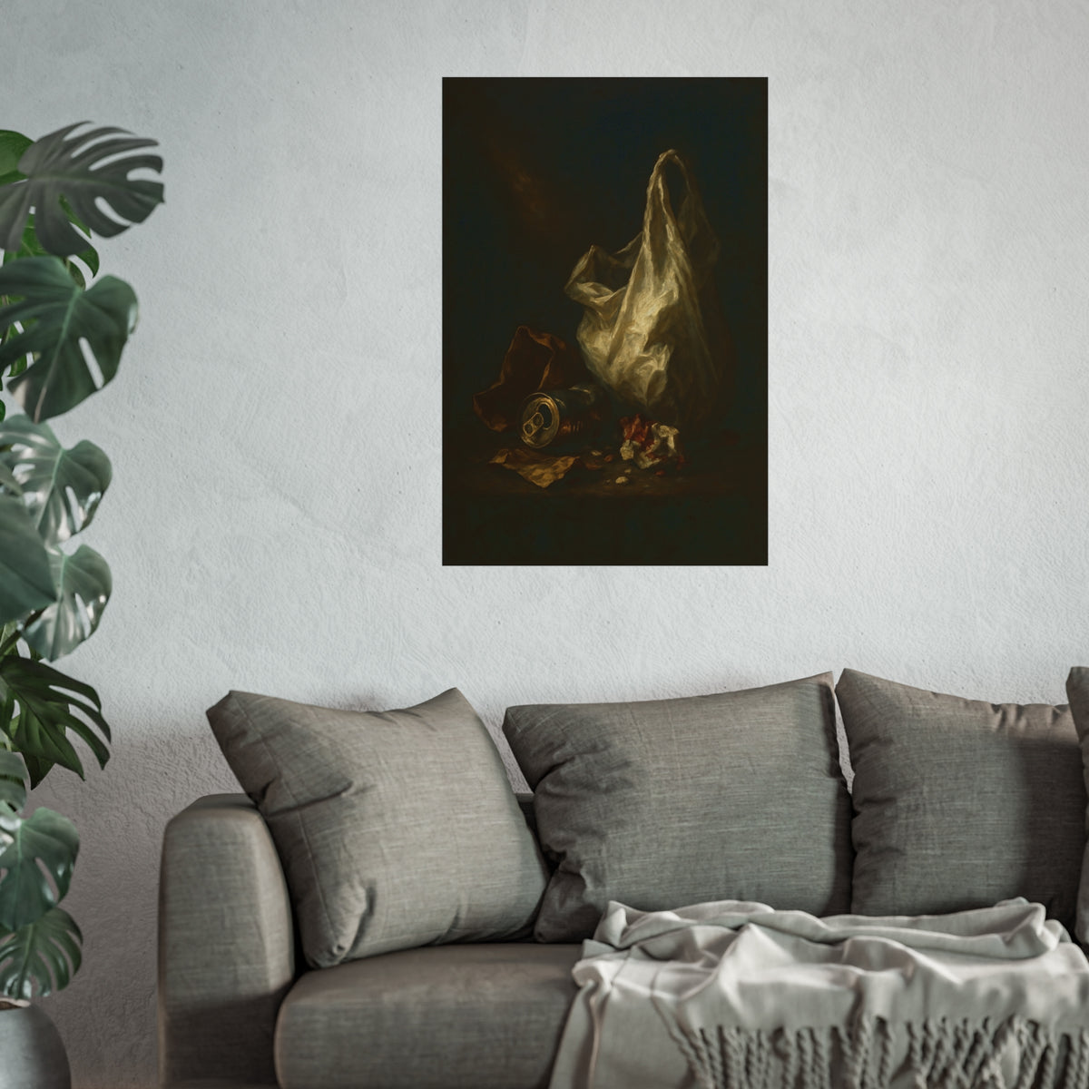 A white plastic bag standing upright in a shaft of light. The Annunciation of the Plastic Bag by Garabaggio, fine art print hanging in a room.