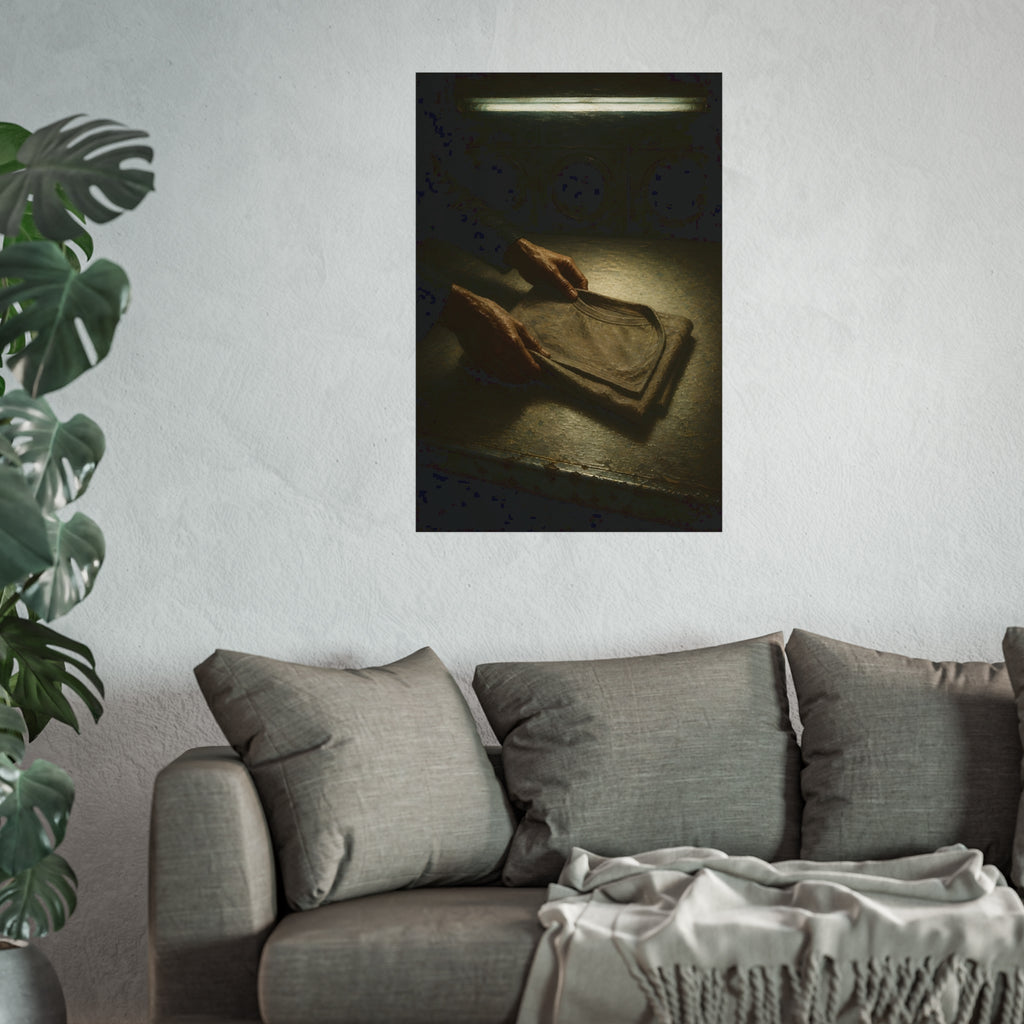 Two hands folding a shirt on a laundromat table with washers behind. The Folding at Two A.M by Garabaggio, fine art print hanging in a room.