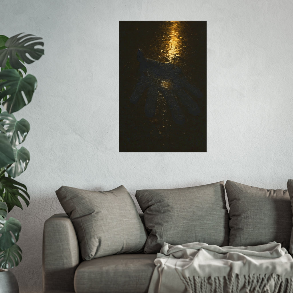 A flattened black glove pressed into wet asphalt beside a light streak. The Flattening, Study No. 1 by Garabaggio, fine art print hanging in a room.