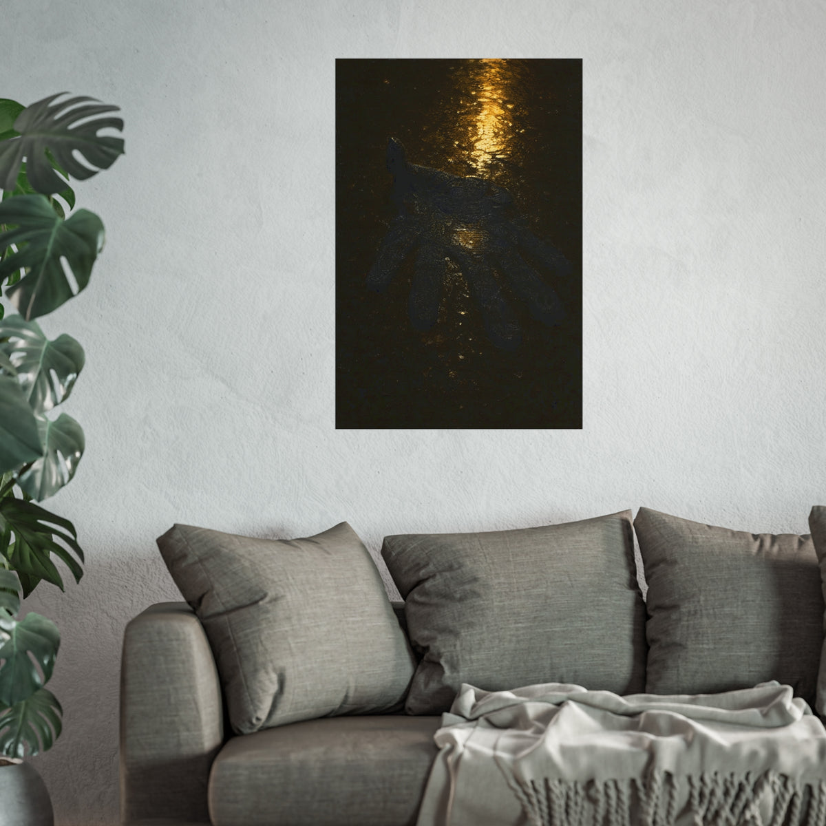 A flattened black glove pressed into wet asphalt beside a light streak. The Flattening, Study No. 1 by Garabaggio, fine art print hanging in a room.