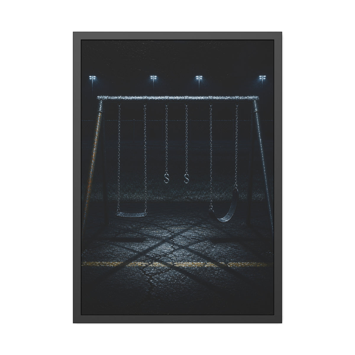 An empty swing set at night, chains still, floodlights far behind it. The Tenth Hour: The Chains Settle by Garabaggio, framed fine art print, 28″ x 40″.