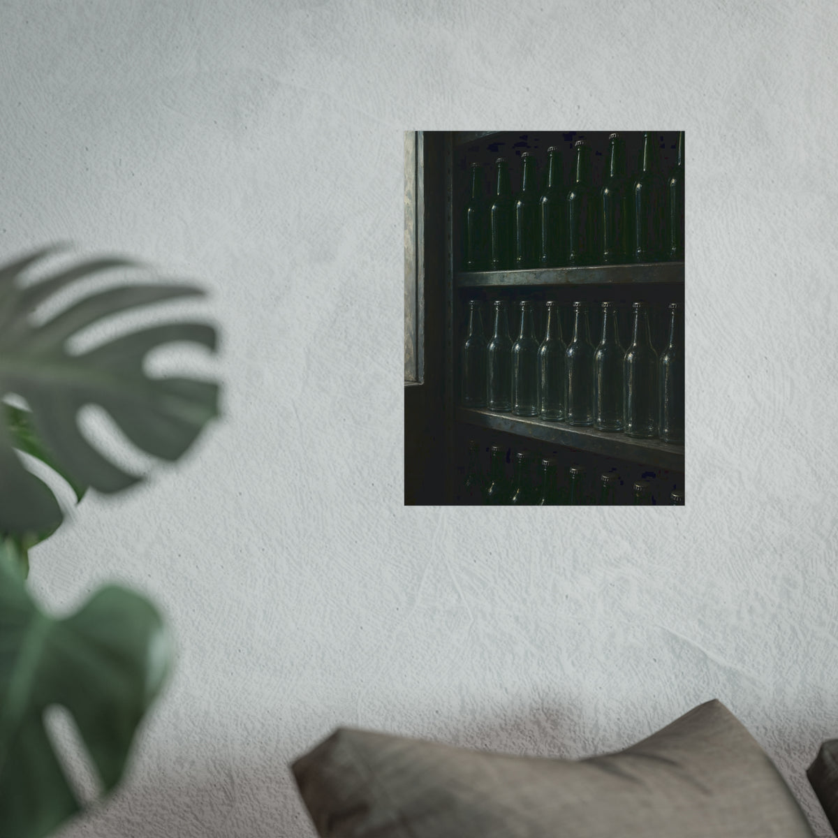 Rows of empty bottles on dim metal shelves, green above and clear below. The Shelf of New Bottles by Garabaggio, fine art print hanging in a room.