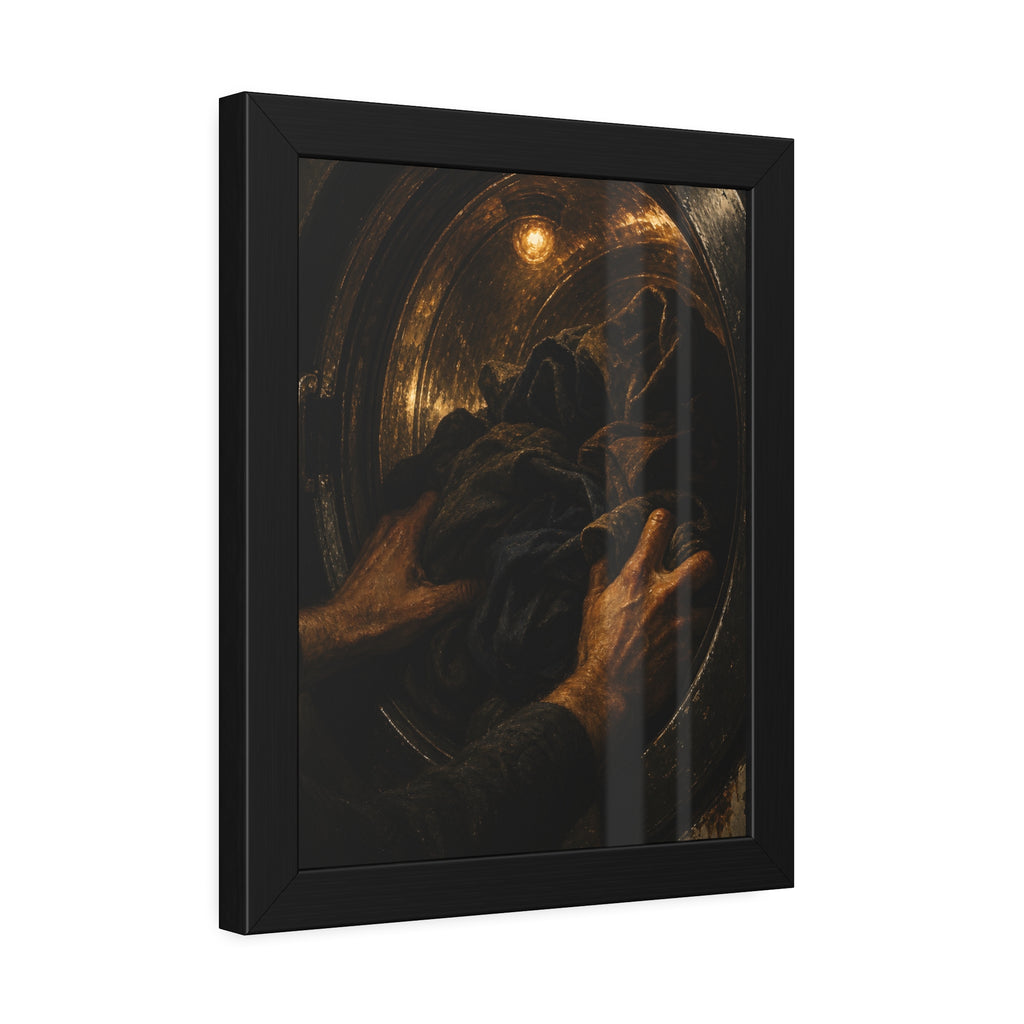 Two hands pushing dark laundry into a washer drum lit by a small bulb. The Loading of the Drum by Garabaggio, framed fine art print hanging in a room.