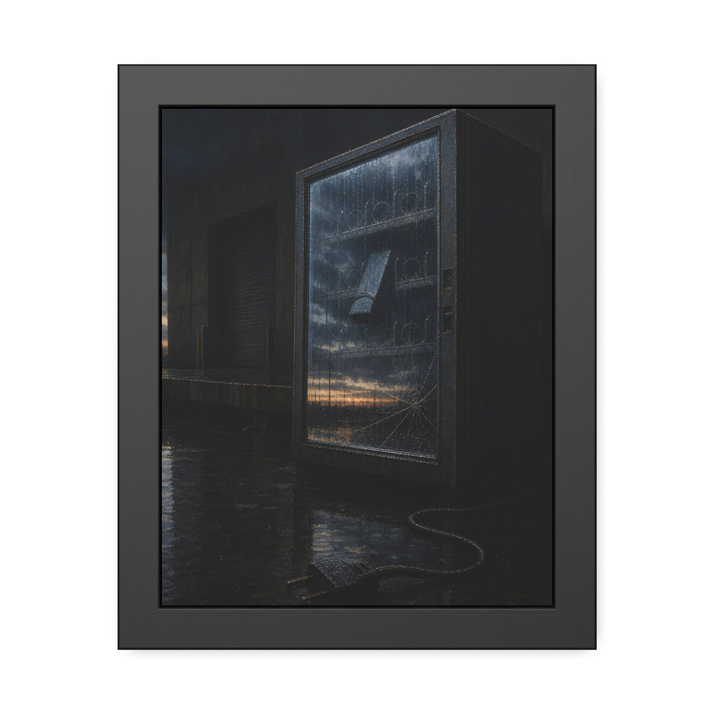 Empty vending machine with cracked glass reflecting dawn on a wet lot. Dawn in the Dead Glass by Garabaggio, framed fine art print, 11″ x 14″.