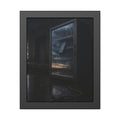 Empty vending machine with cracked glass reflecting dawn on a wet lot. Dawn in the Dead Glass by Garabaggio, framed fine art print, 11″ x 14″.