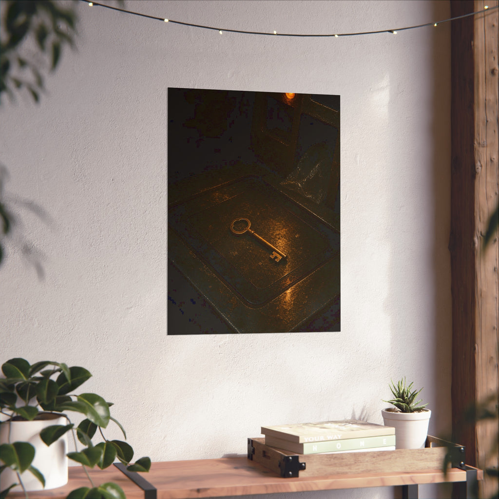 A brass key on the metal bagging shelf of a checkout. The Unexpected Item in the Bagging Area by Garabaggio, fine art print hanging in a room.