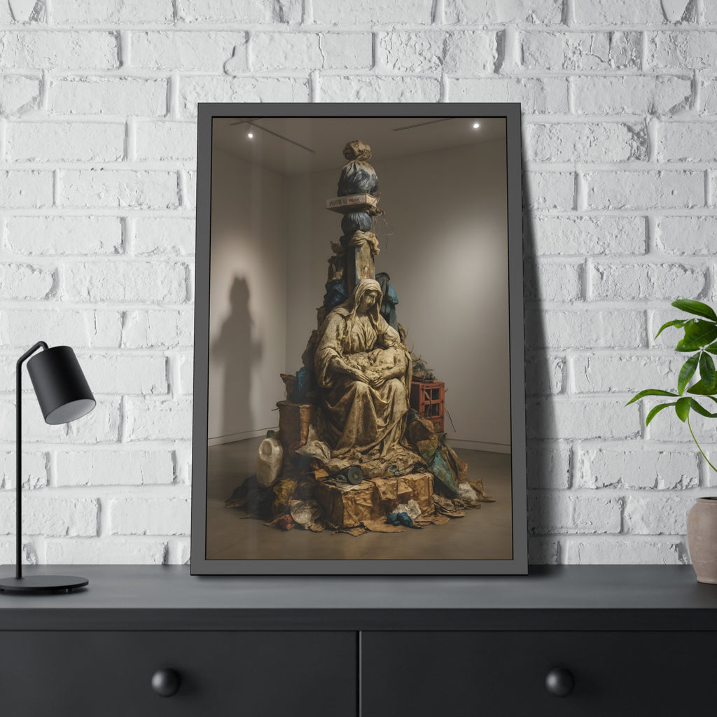 Seated hooded figure cradling a bundle on a mound of bagged refuse. Pietà of the Curbside by Garabaggio, framed fine art print hanging in a room.