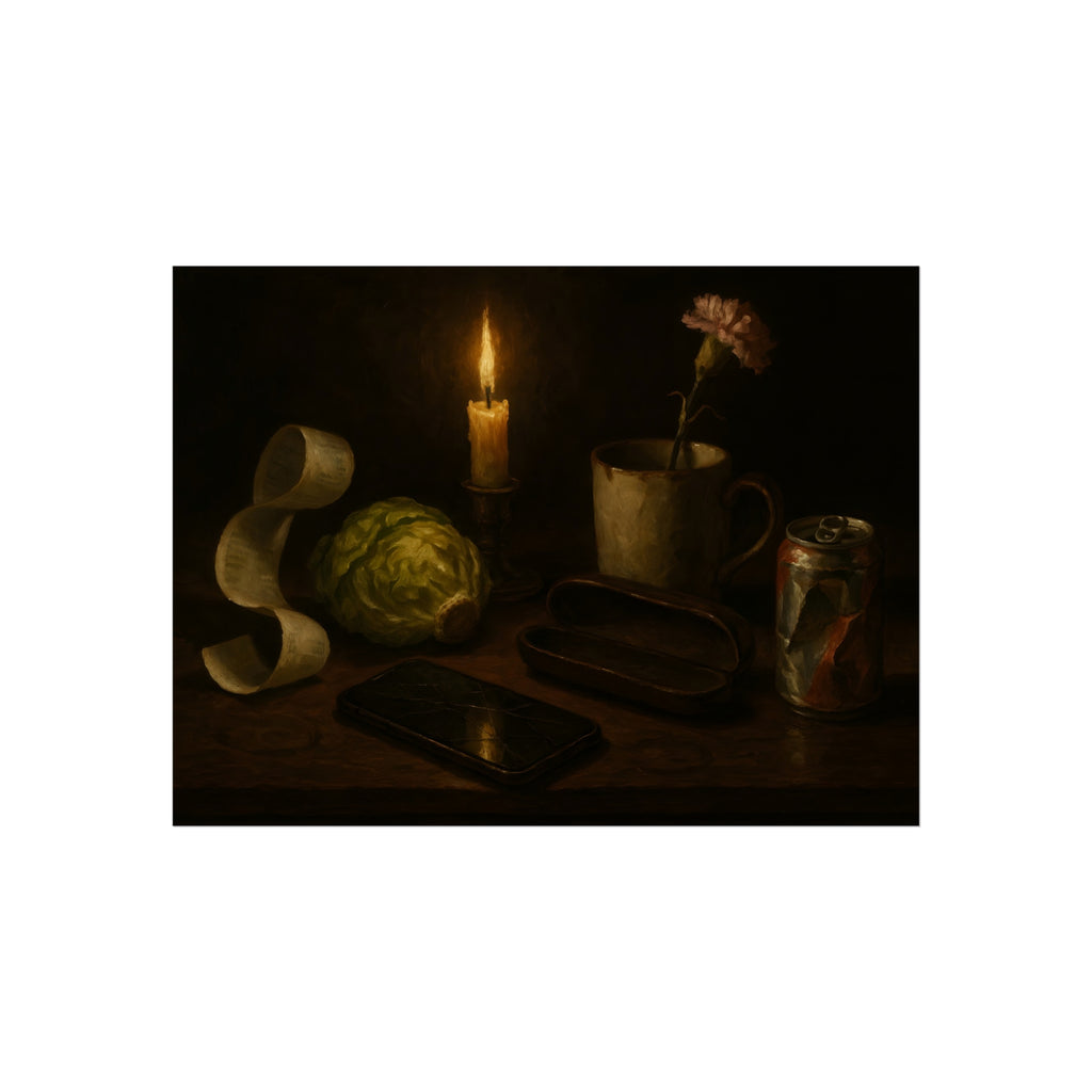 A candle, lettuce head, curled receipt and can on a dim table. Vanitas with Receipts and Wilted Lettuce by Garabaggio, fine art print hanging in a room.