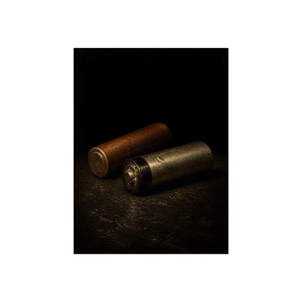 Two spent batteries lying side by side, one rusted, one bare metal. The Second Voice by Garabaggio, fine art print, 12″ x 16″.