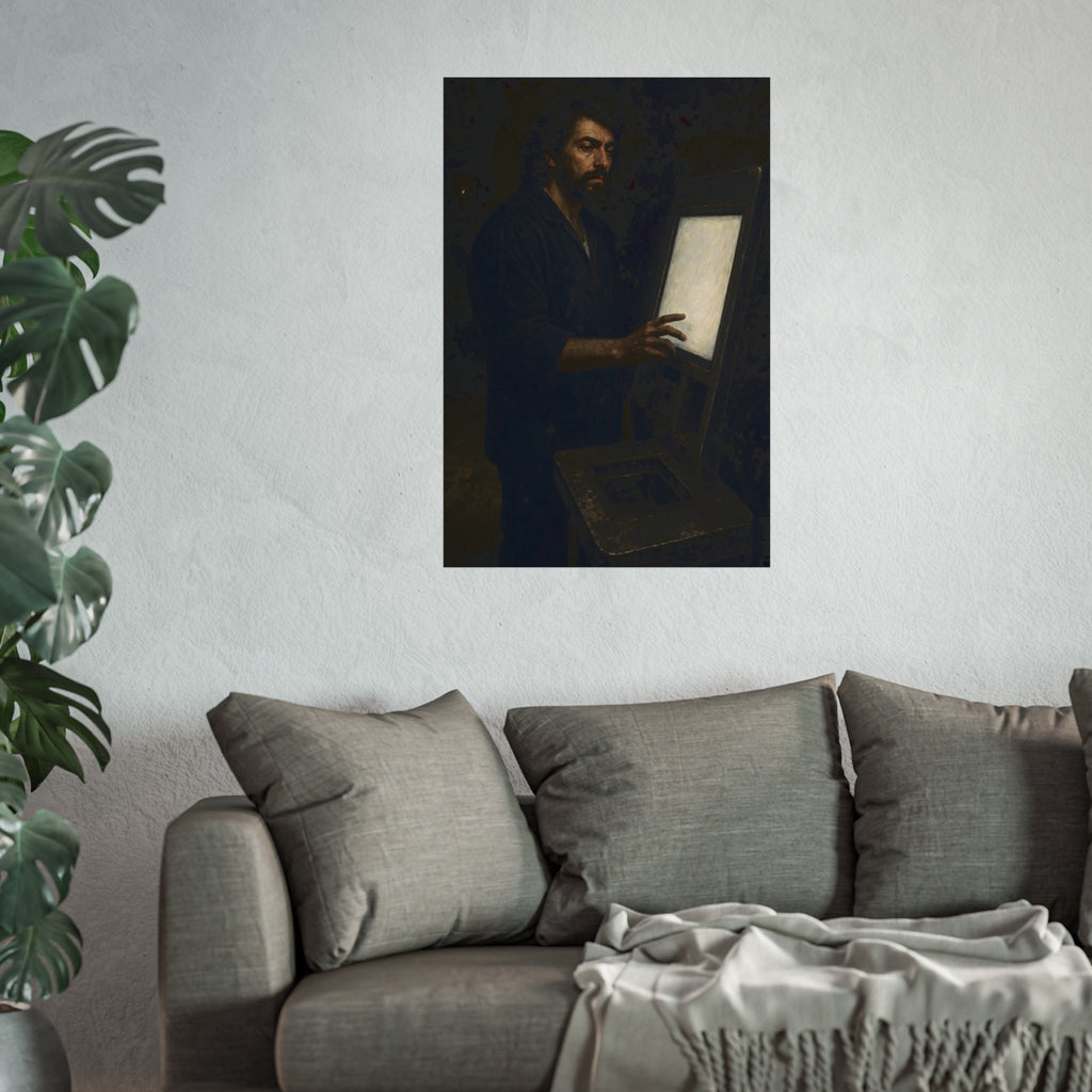 A bearded man in coveralls touching a glowing checkout screen. The Invitation to Begin by Garabaggio, fine art print hanging in a room.