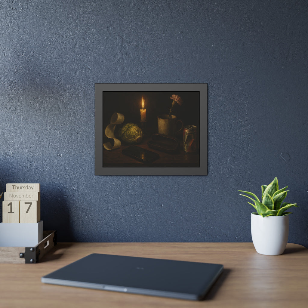 A candle, lettuce head, curled receipt and can on a dim table. Vanitas with Receipts and Wilted Lettuce by Garabaggio, framed fine art print hanging in a room.