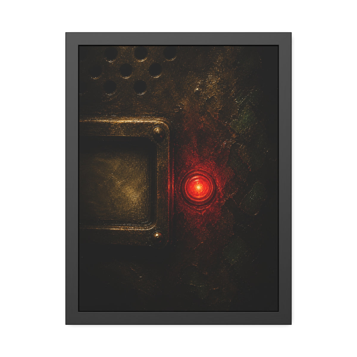 Close view of an intercom panel with one red button glowing in the dark. The Stuck Red Light by Garabaggio, framed fine art print, 18″ x 24″.