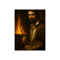 Man holding a palette and brushes, a fire behind him. Self-Portrait with Palette (After Caravaggio) by Garabaggio, fine art print, 12″ x 16″.