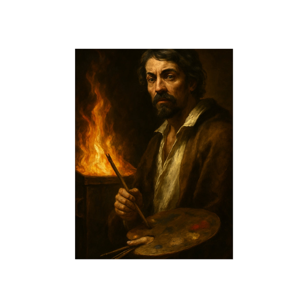 Man holding a palette and brushes, a fire behind him. Self-Portrait with Palette (After Caravaggio) by Garabaggio, fine art print, 12″ x 16″.