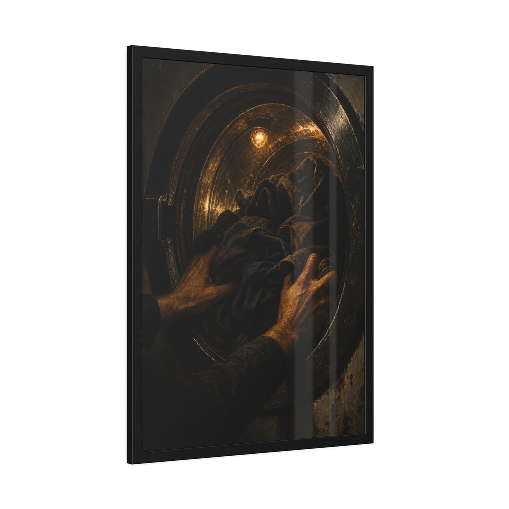 Two hands pushing dark laundry into a washer drum lit by a small bulb. The Loading of the Drum by Garabaggio, framed fine art print hanging in a room.