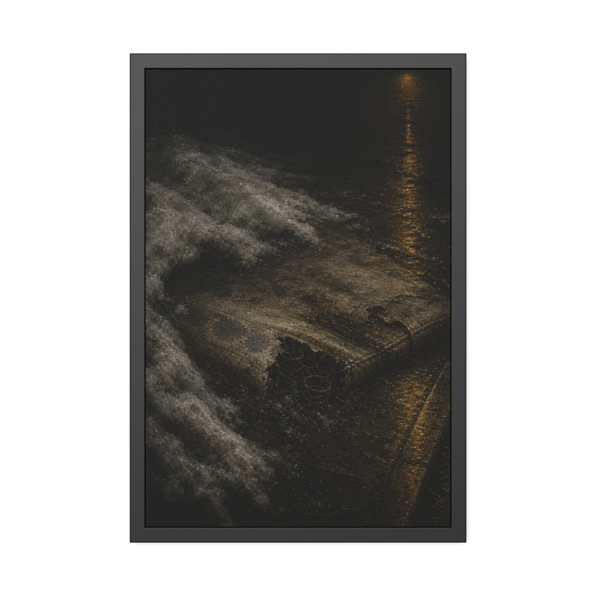 A soaked mattress in melting snow at the curb beside a wet street. The Thaw by Garabaggio, framed fine art print, 24″ x 36″.