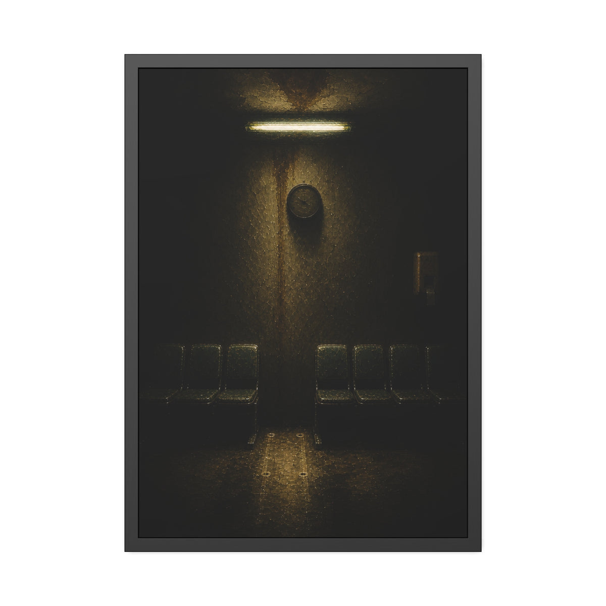 A gap in a row of waiting room chairs below a clock and one strip light. One Chair Removed by Garabaggio, framed fine art print, 28″ x 40″.