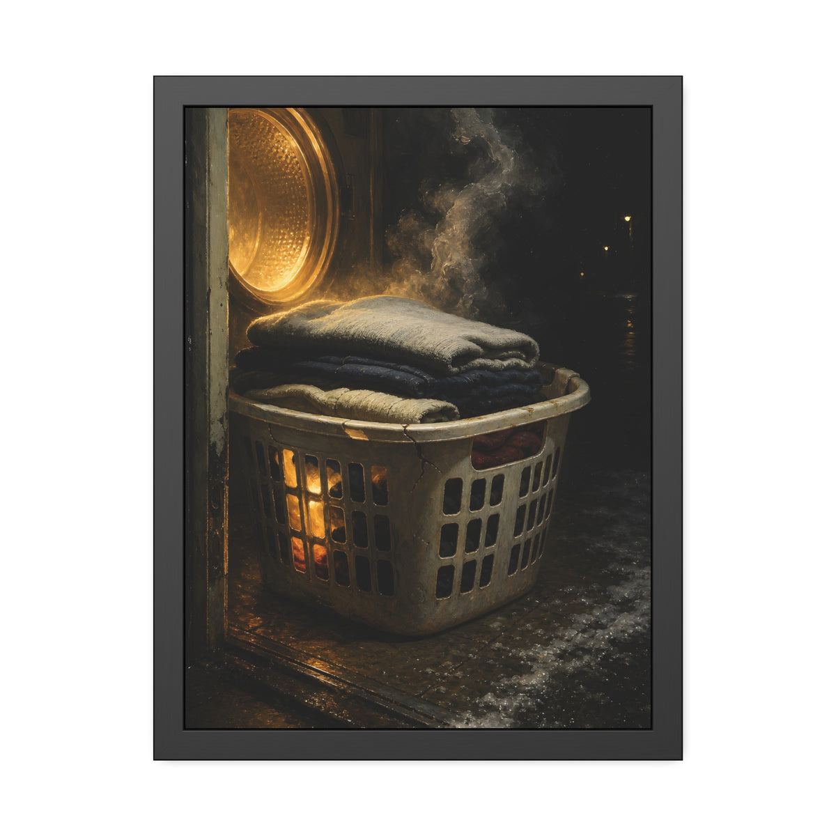 A laundry basket of folded clothes glowing in front of an open dryer. The Warm Clothes Against the Cold by Garabaggio, framed fine art print, 18″ x 24″.