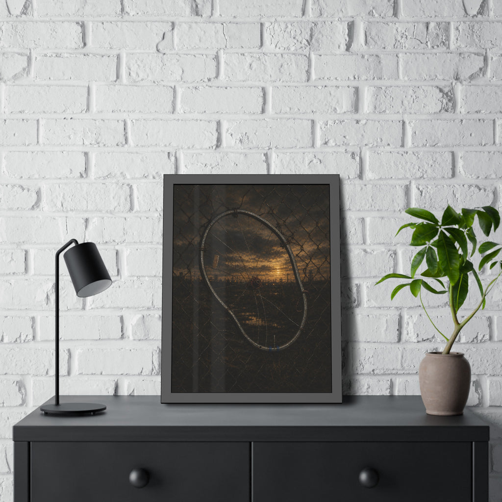 A bent bicycle wheel woven into a chain link fence against a dim sunset. The Fence Repair by Garabaggio, framed fine art print hanging in a room.