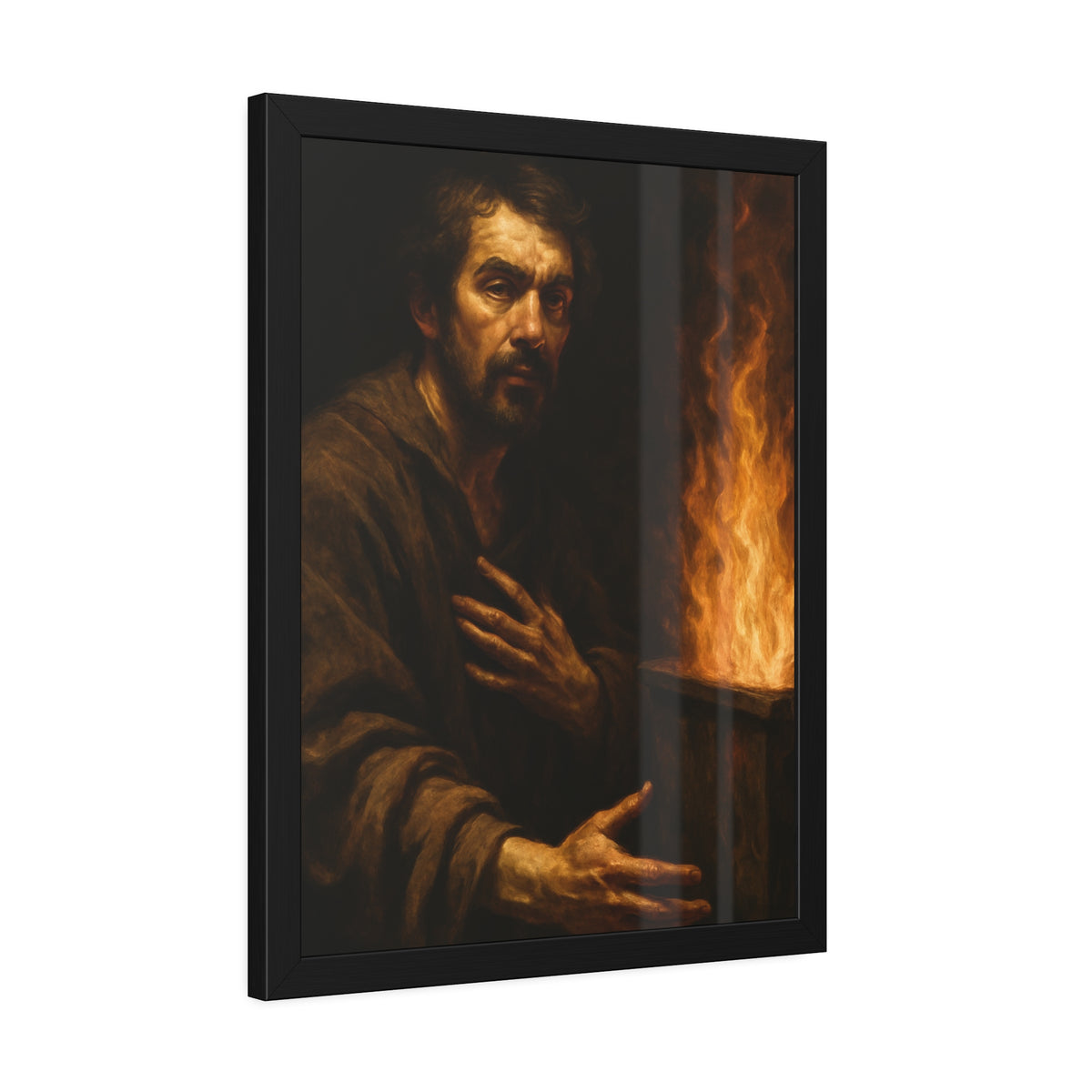 Bearded man with a hand on his chest beside flames rising from a bin. Self-Portrait as a Penitent by Garabaggio, framed fine art print hanging in a room.