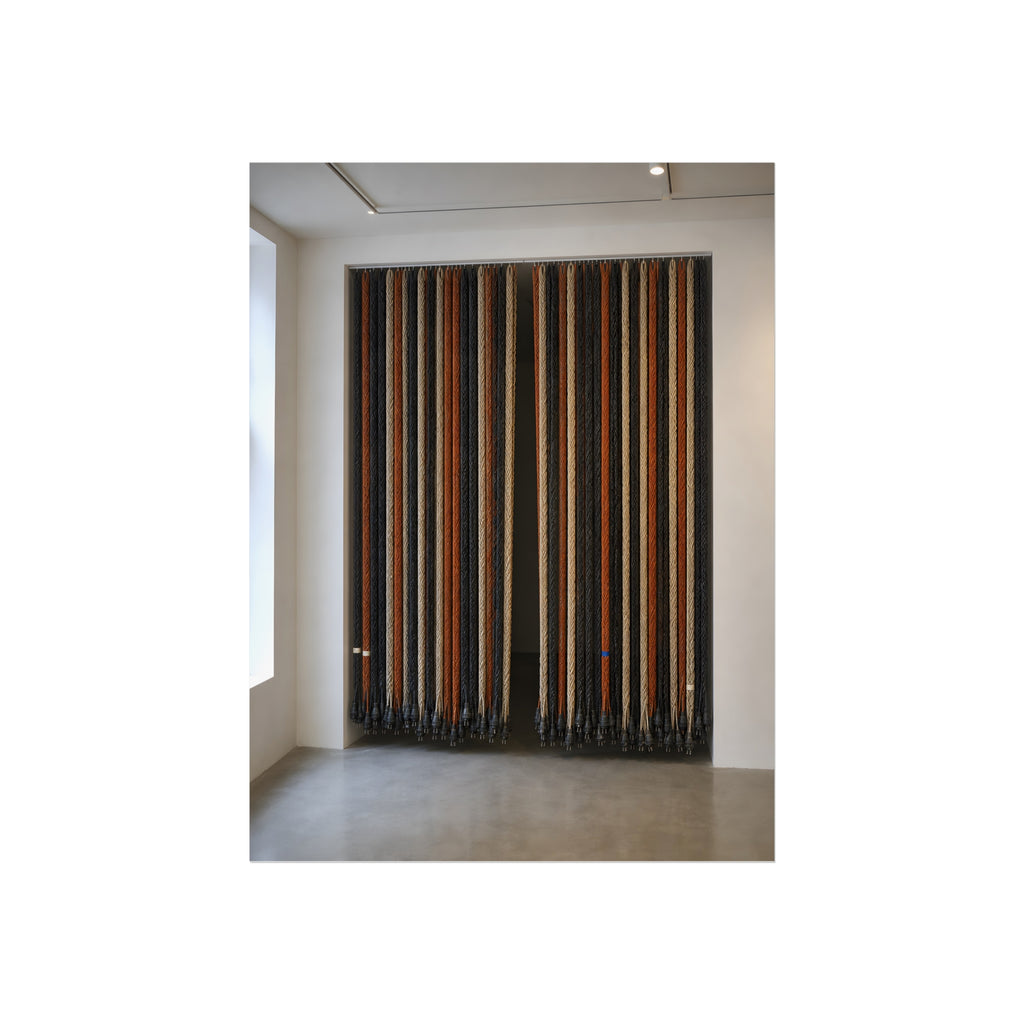 Hundreds of extension cords hung floor to ceiling across a bright white room. The Cord Curtain by Garabaggio, fine art print, 12″ x 16″.
