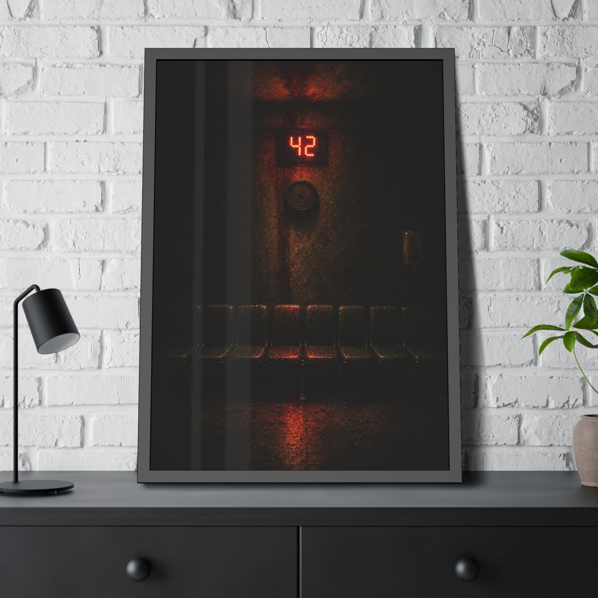 A red number display glowing above an empty row of waiting room chairs. The Number Called at Last by Garabaggio, framed fine art print hanging in a room.