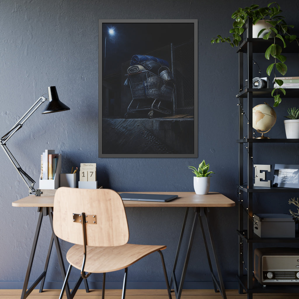A shopping cart piled with bedding and buckets under a streetlamp. The Loading of Another Life by Garabaggio, framed fine art print hanging in a room.