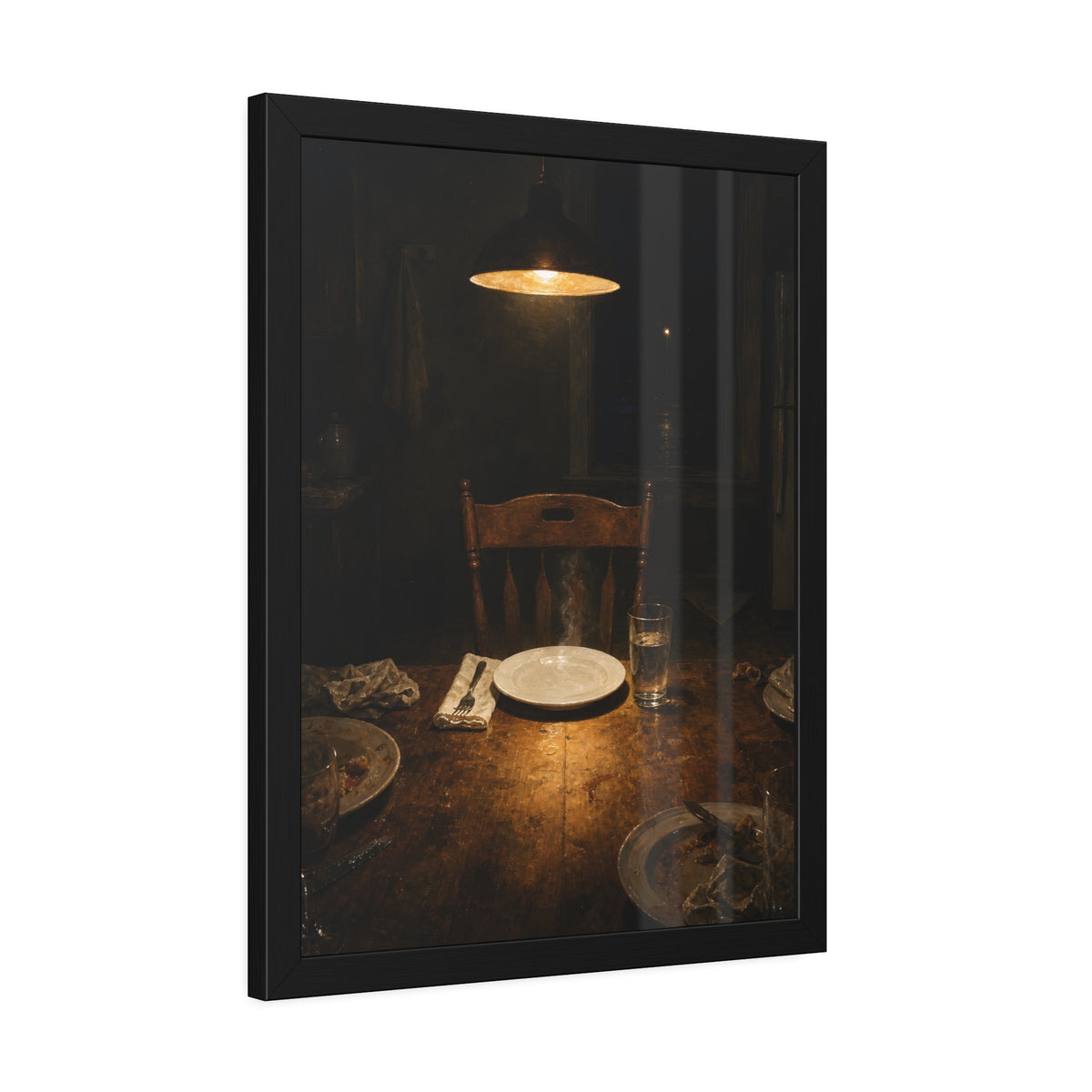A clean plate and empty chair under a hanging lamp at a used dinner table. The Empty Seat at Dinner by Garabaggio, framed fine art print hanging in a room.