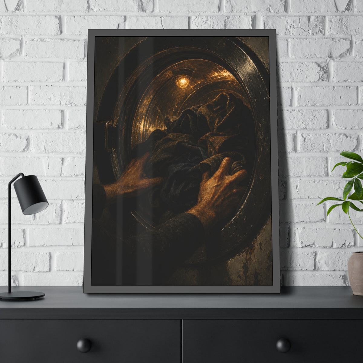 Two hands pushing dark laundry into a washer drum lit by a small bulb. The Loading of the Drum by Garabaggio, framed fine art print hanging in a room.