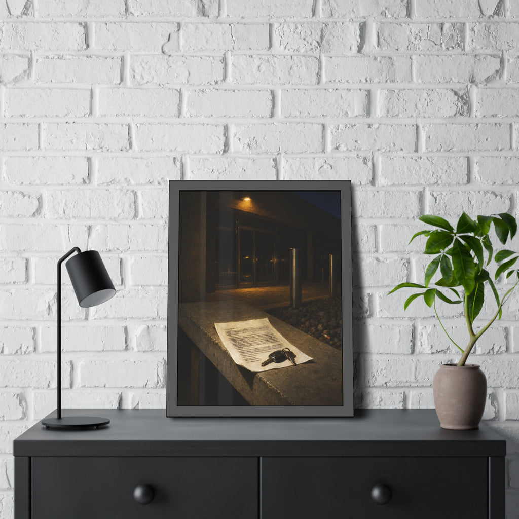 A printed page and car keys on a concrete ledge outside an office at night. The Last Email, Printed by Garabaggio, framed fine art print hanging in a room.