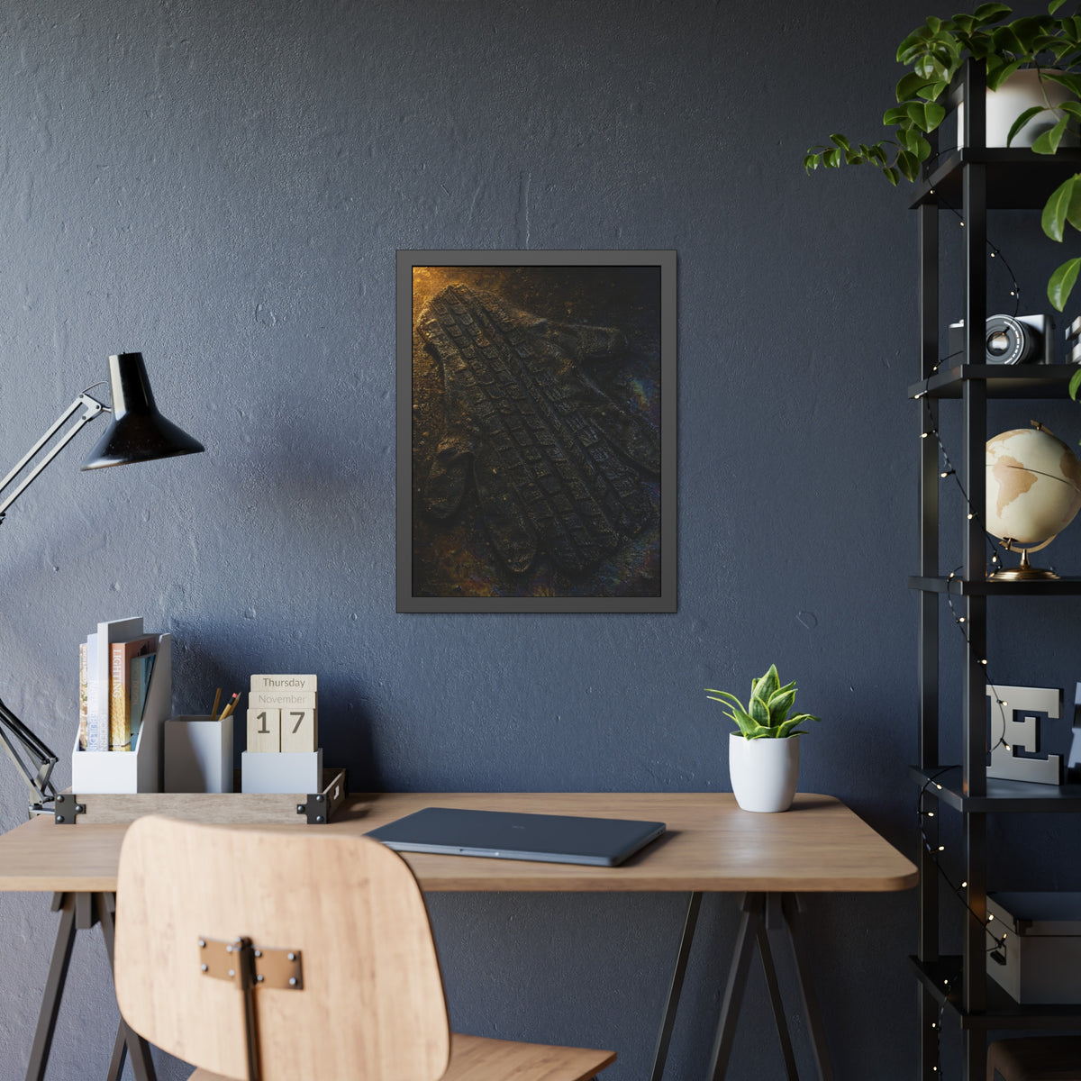A flattened work glove on asphalt with a tire tread pressed across it. The Passage of the Wheel by Garabaggio, framed fine art print hanging in a room.