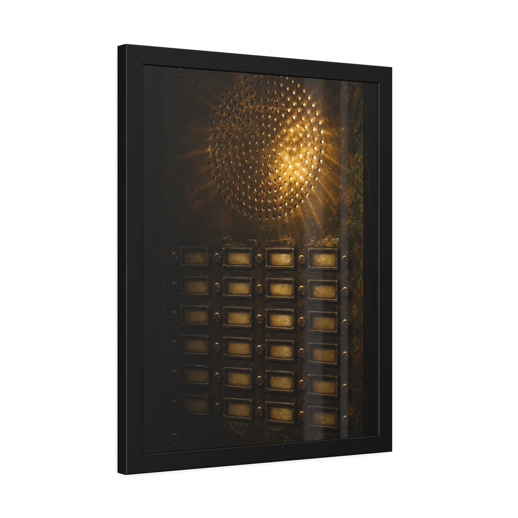 Light glowing through an intercom speaker grille above rows of buttons. Voice Through Perforations by Garabaggio, framed fine art print hanging in a room.