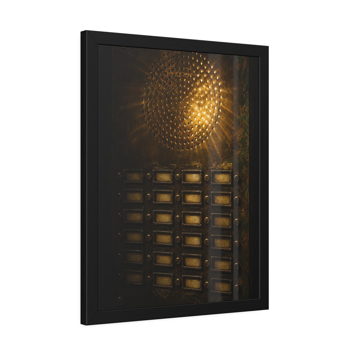 Light glowing through an intercom speaker grille above rows of buttons. Voice Through Perforations by Garabaggio, framed fine art print hanging in a room.