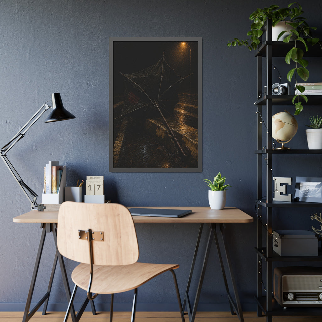 A broken umbrella inside out on a wet curb under a street lamp. The Inversion at the Median by Garabaggio, framed fine art print hanging in a room.