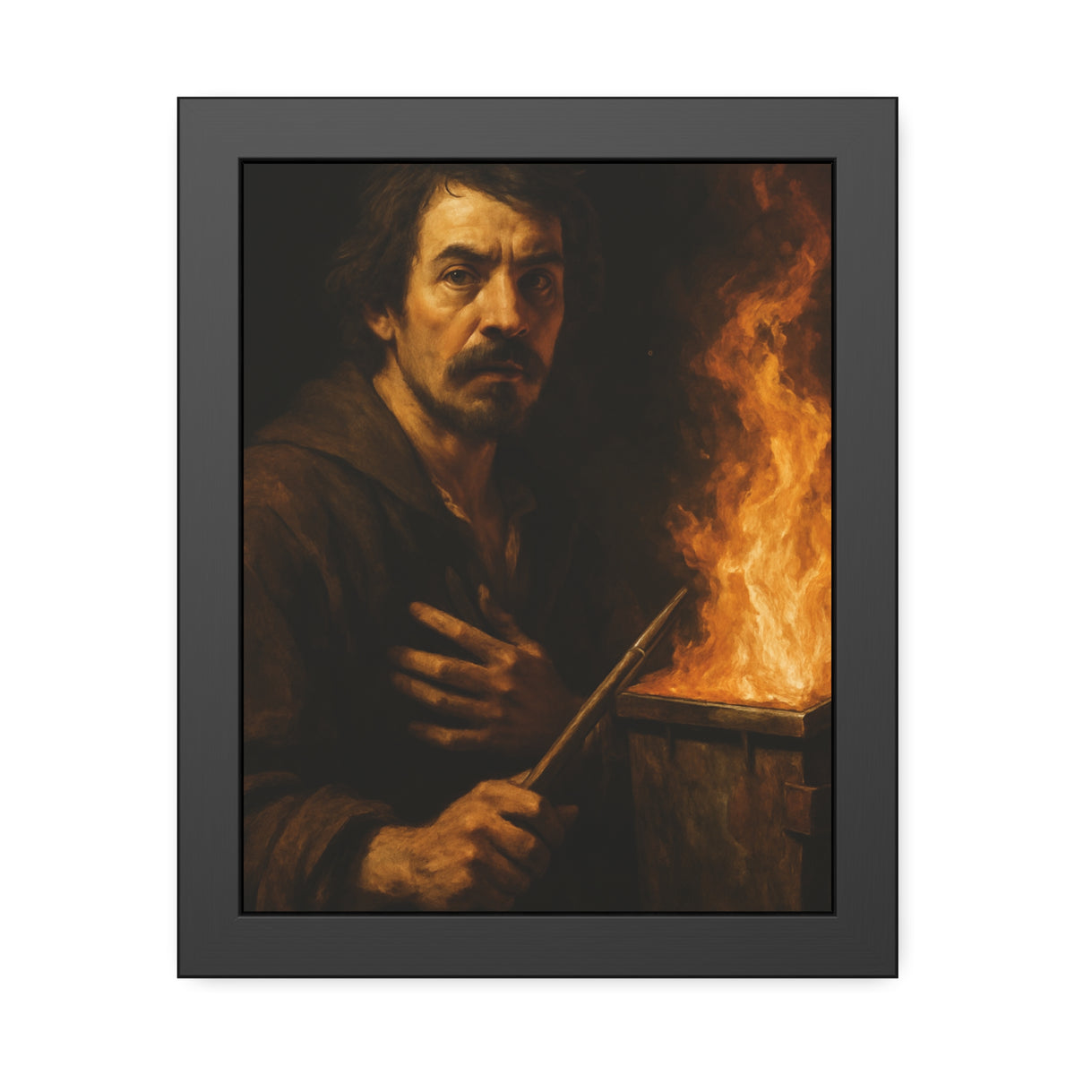 Man holding a long wooden stick, hand on chest, before a burning bin. Self-Portrait with Mahlstick by Garabaggio, framed fine art print, 11″ x 14″.